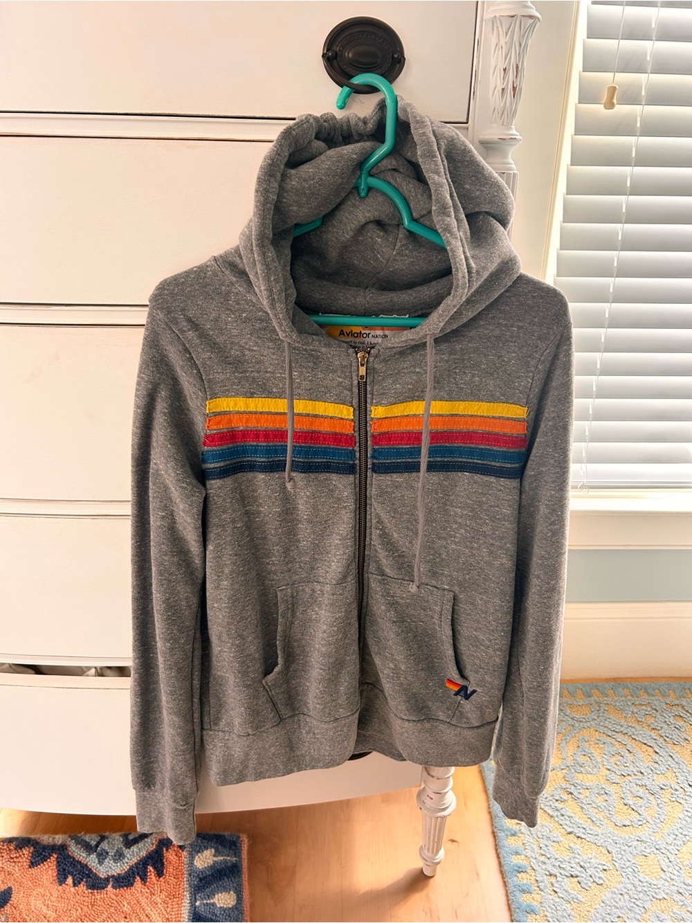 Aviator Nation Gray Zip Hoodie with Yellow, Orange, Red & Blue Stripes. Like now